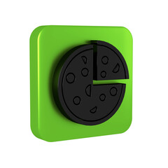 Wall Mural - Black Pizza icon isolated on transparent background. Fast food menu. Green square button.