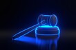 Judge gavelwith bright glowing futuristic blue neon lights on black background. Bidding at auctions. Liability for corruption. Protection of rights. Law and fine. Tax avoidance. 3D render illustration