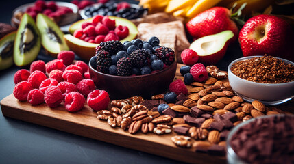 Wall Mural - Selection of healthy food. Super foods, various fruits and assorted berries, nuts and seeds.