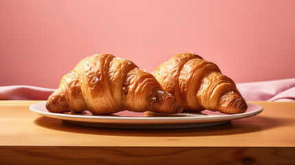 Wall Mural - Croissants are attractively arranged on a plate next to a coffee mug
