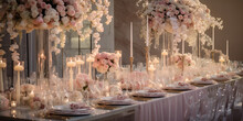 Beautifully Wedding Table Decorated With Candle And Flowers Outdoor Wedding Reception For Large Number Of Guests And With Marble Background 