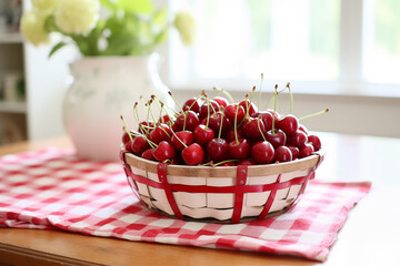 Poster - Basket of cherries on table. Generative AI