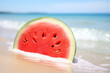 Watermelon slice on seashore. Generative AI