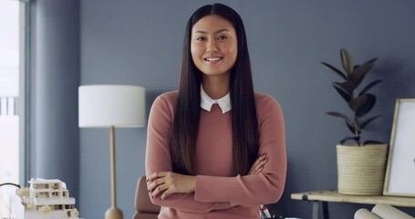 Sticker - Architect, arms crossed and happy business woman confident in job commitment, experience or property design agency. Portrait, architecture and Japanese worker pride in real estate entrepreneurship