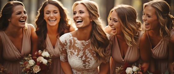 Up close, a lovely bride and her bridesmaids pose in the natural setting of their wedding day, wearing exquisite silk gowns and holding bouquets of flowers. .