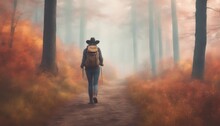 Hiking In Fog At Autumn Forest. Woman Tourist With Cowboy Hat And Backpack Walking At Footpath