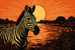 Art life of zebra in nature, block print style ai generate
