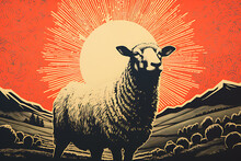 Art Life Of Sheep In Nature, Block Print Style Ai Generate