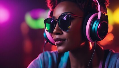 Laughting, close up.  isolated on dark background in multicolored neon, listening to music with headphones