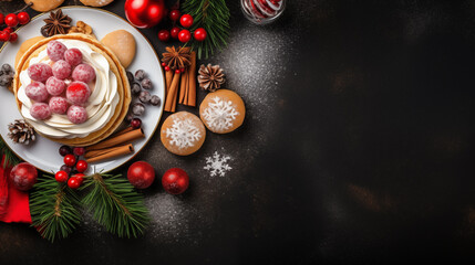 Poster - A Christmas-themed breakfast with pancakes, berries, and whipped cream, Merry Christmas background, top view, with copy space