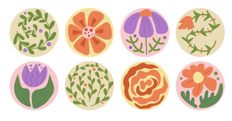 Wall Mural - set of drawn flowers. groovy retro floral circle banner. botanical modern sticker. hand drawn design