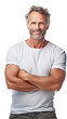 © Daniel - Middle-aged man wearing a white shirt standing with arms crossed and smiling, muscles, transparent background, png file