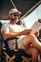 a film director is reading the script in the director's chair at the filming site. generative AI