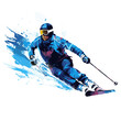© Unreal image - Silhouette of a male skier during a downhill, giant slalom descent on the snow