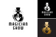 Black and white logo for magician show with a magician's hand is a stylish and versatile design perfect for promoting magic shows, illusionists, or entertainment businesses.