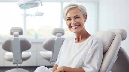 mature wpùan with a pleasant smile relaxing in a dental chair, portraying confidence and satisfactio