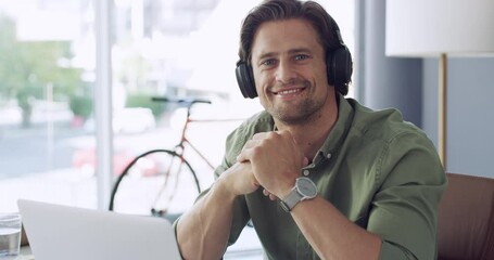 Architect, laptop music and happy professional man confident in online project, job experience or digital blueprint. Property design, portrait and real estate developer listen to architecture podcast