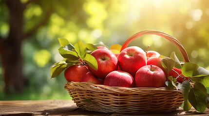 Wall Mural - apples in a basket on wooden concept in field