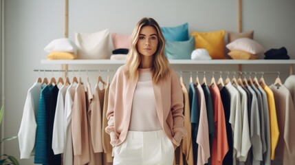 A stylish woman in a sweater and chic admires a selection of trendy and colorful garments in a boutique. Ai generated