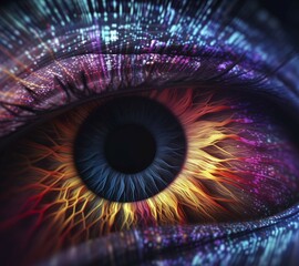 Wall Mural - close-up of human eye with glowing iris.