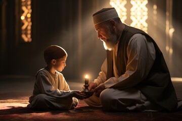 Ramadan Kareem greeting. Father and son in mosque. Muslim family praying. Man and child read Quran and pray.