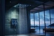 A modern bathroom featuring a large glass shower head. This picture can be used to showcase contemporary bathroom designs or to illustrate the luxury and relaxation of a spa-like shower experience