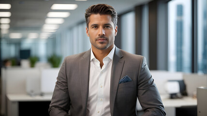 A stylish man in a suit in an office environment.