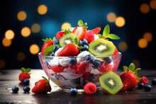 Colorful Fruit Salad Bowl Strawberries And Blueberries Topped With Greek Yogurt In A Bowl