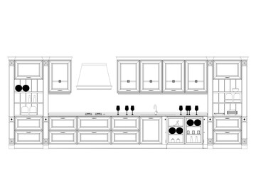 Wall Mural - Kitchen interior furniture isolated on transparent background, outline illustration, sketch