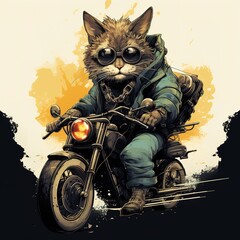 Cat driving a motorcycle in the summer