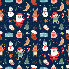 Wall Mural - christmas seamless pattern, wallpaper, background with cute elements, santa, snowman, reindeer, seas