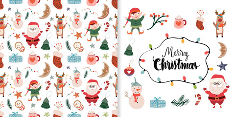 Wall Mural - christmas set with seamless pattern, wallpaper, background and greeting card, cute elements, santa, 