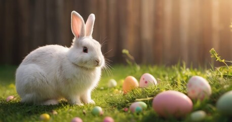  a white rabbit sitting on top of a lush green field next to many colored eggs in the grass with a wooden fence in the background.