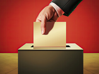 Wall Mural - Hand putting a voting sheet into a ballot box on red background.