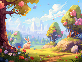 easter cartoon background with eggs and rabbit