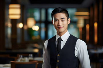 cheerful positive male waiter smiling toothily  expressing positive emotions on face in luxury restaurant or cafe