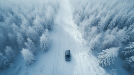 Wall Mural - Aerial view of the winter road with car