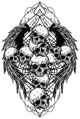 Wall Mural - tattoo art skull and wings sketch black and white