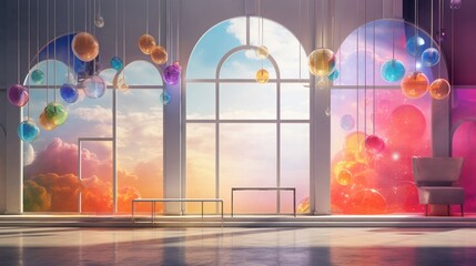 Canvas Print -  a room with a lot of balloons hanging from the ceiling and a chair in front of a large window with a view of the sky.