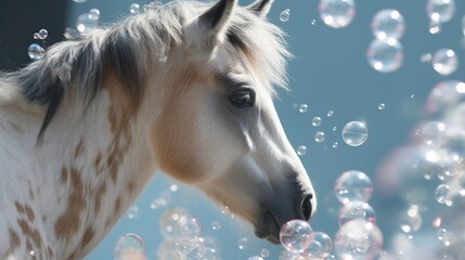 Poster -  a close up of a horse's face with bubbles in the air in the foreground and a blue sky in the background.