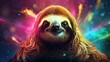  a close up of a sloth on a colorful background with a sky full of stars in the back ground.