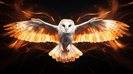 Canvas Print -  a white owl with orange wings flying through the air with fire and smoke around it's wings, on a black background.