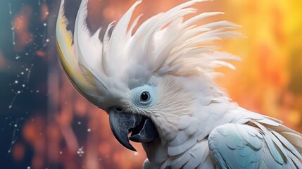 Sticker -  a close up of a white and yellow bird with feathers on it's head and wings, with a blurry background.