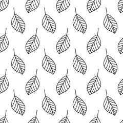 Wall Mural - Leaf seamless pattern. Repeating leaves background. Repeated nature small patern for design prints. Line simple plant. Spring repeat texture. Hand draw soft monocrome silhouette. Vector illustration