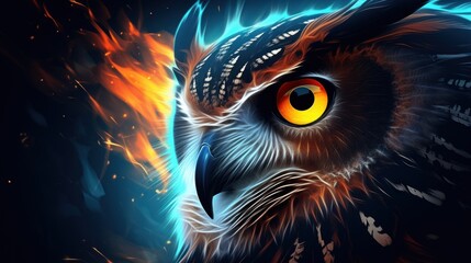 Poster -  a close up of an owl's face with a bright orange and blue light coming out of it's eyes.