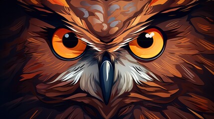 Poster -  a close up of an owl's face with an orange and yellow eyeball in the center of the owl's head.