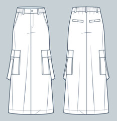 Cargo Long Skirt technical fashion illustration. A-Line Skirt fashion flat technical drawing template, maxi length, pockets, elastic waist, front and back view, white, women Skirts CAD mockup.