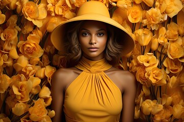 Poster - A woman wearing a yellow hat stands confidently amidst a field of vibrant yellow flowers.