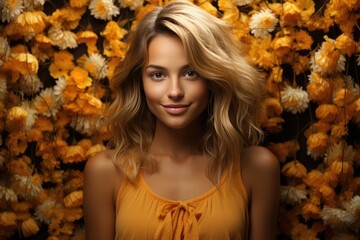 Poster - Blonde Woman in Yellow Surrounded by Vibrant Yellow Flowers