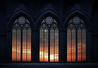 Wall Mural - Abandoned castle with a large gothic window sunset rays